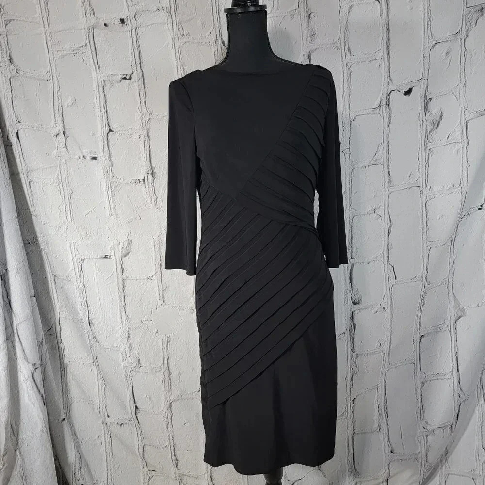 ADRIANNA Papell Womens 10 Black Pleated Shift Dress 3/4 Sleeve Stretch Modest